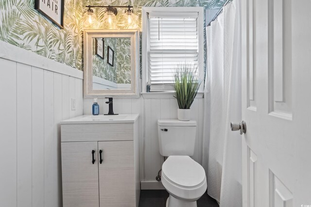 bathroom featuring a decorative wall, vanity, a wainscoted wall, and toilet