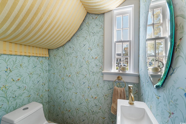 bathroom with toilet, vaulted ceiling, and wallpapered walls