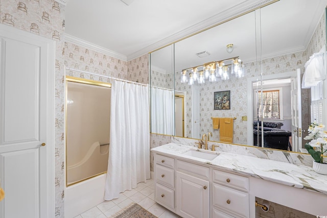 full bath featuring crown molding, tile patterned floors, wallpapered walls, vanity, and shower / bath combination with curtain