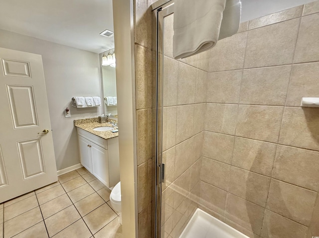 bathroom featuring visible vents, toilet, a shower stall, vanity, and tile patterned flooring
