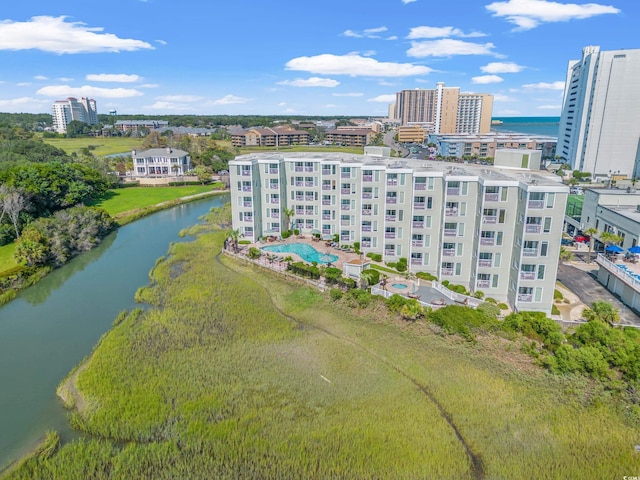 aerial view featuring a water view