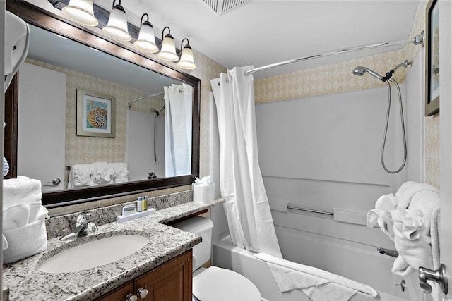 full bath with visible vents, wallpapered walls, toilet, shower / bath combination with curtain, and vanity
