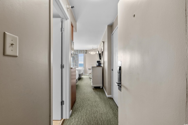 corridor with baseboards and carpet flooring