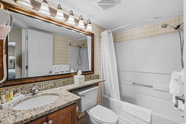 bathroom featuring shower / tub combo, visible vents, wallpapered walls, toilet, and vanity