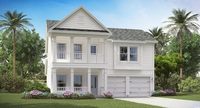 8743 Baton Rouge Ave NW, Calabash, NC 28467 - view of front of home with covered porch, driveway, a balcony, a garage, and roof with shingles
