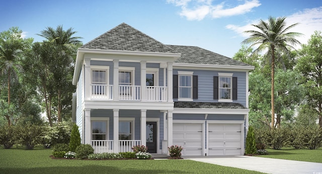 8723 Baton Rouge Ave NW, Calabash, NC 28467 - view of front of property with a balcony, a porch, an attached garage, driveway, and a front yard