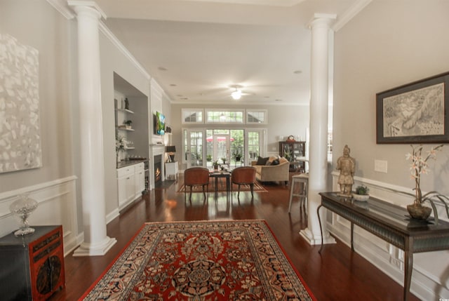 1406 Seabrook Plantation Way N, Myrtle Beach, SC 29582 - dining area with decorative columns, crown molding, dark wood-type flooring, and a ceiling fan