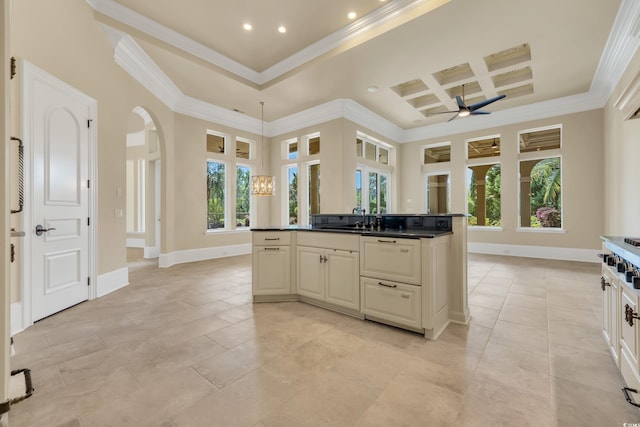 1563 Cadiz Dr, Myrtle Beach, SC 29579 - kitchen featuring ceiling fan, crown molding, coffered ceiling, recessed lighting, and dark countertops