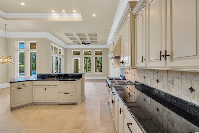 1563 Cadiz Dr, Myrtle Beach, SC 29579 - kitchen with crown molding, coffered ceiling, backsplash, recessed lighting, and baseboards
