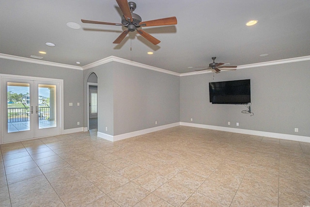 5208 Nightingale Dr, Myrtle Beach, SC 29577 - spare room with ceiling fan, french doors, ornamental molding, recessed lighting, and arched walkways