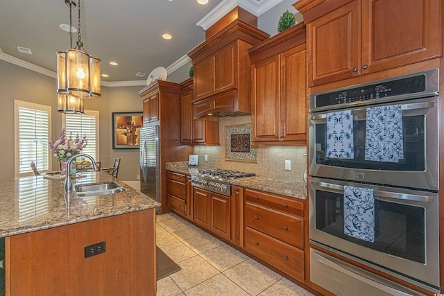 5208 Nightingale Dr, Myrtle Beach, SC 29577 - kitchen with appliances with stainless steel finishes, a sink, crown molding, a warming drawer, and brown cabinets