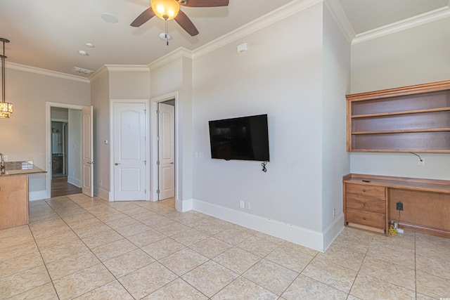 5208 Nightingale Dr, Myrtle Beach, SC 29577 - unfurnished living room featuring crown molding, ceiling fan, light tile patterned flooring, baseboards, and a desk