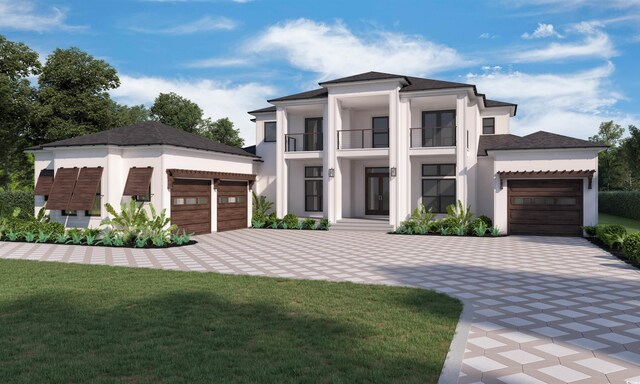 view of front of home with a front yard, stucco siding, and a balcony