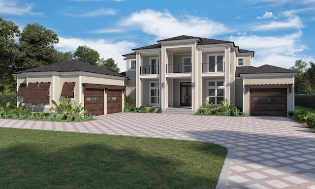 view of front of house featuring a front yard, a balcony, and stucco siding