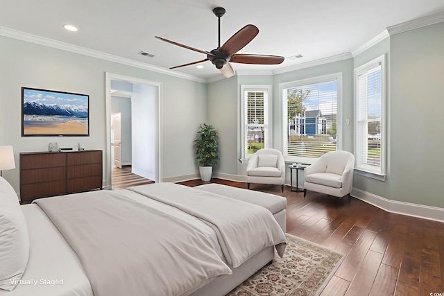 712 Crystal Water Way, Myrtle Beach, SC 29579 - bedroom with dark wood-style flooring, recessed lighting, crown molding, and a ceiling fan
