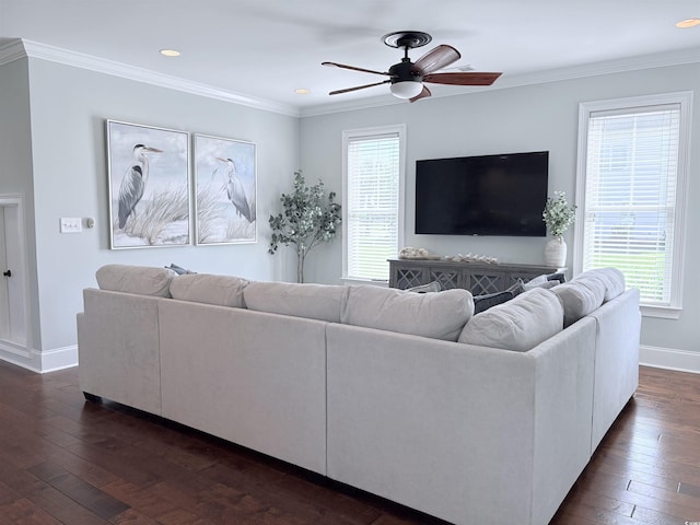 712 Crystal Water Way, Myrtle Beach, SC 29579 - living area featuring plenty of natural light, ceiling fan, dark wood-style flooring, crown molding, and recessed lighting