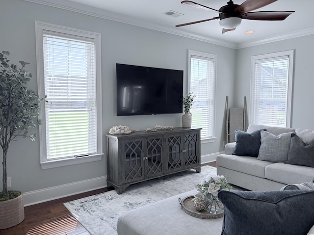 712 Crystal Water Way, Myrtle Beach, SC 29579 - living area featuring crown molding, ceiling fan, wood finished floors, and plenty of natural light