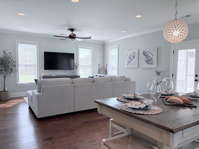 712 Crystal Water Way, Myrtle Beach, SC 29579 - living room featuring crown molding, healthy amount of natural light, recessed lighting, dark wood finished floors, and a ceiling fan