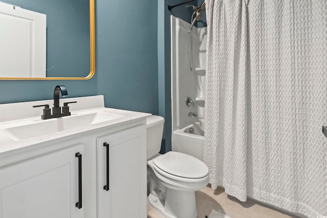 full bath with toilet, vanity, tile patterned floors, and shower / bathtub combination with curtain