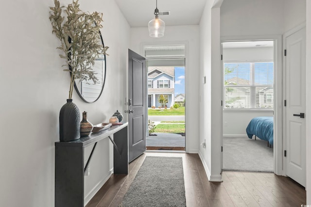 entrance foyer with healthy amount of natural light, dark wood-style flooring, and baseboards