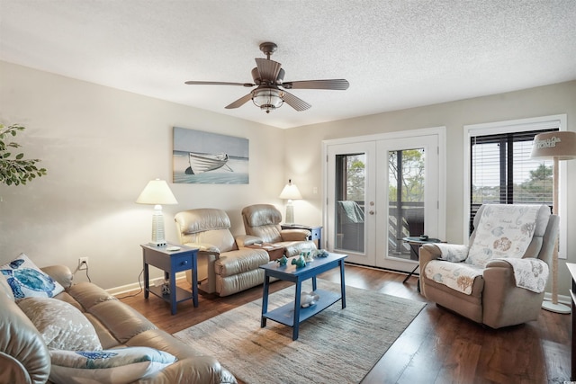223 Maison Dr Unit F-4, Myrtle Beach, SC 29572 - living area featuring a textured ceiling, french doors, wood finished floors, and ceiling fan