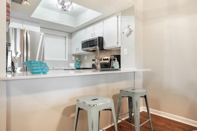 223 Maison Dr Unit F-4, Myrtle Beach, SC 29572 - kitchen featuring dark wood finished floors, stainless steel appliances, a raised ceiling, decorative backsplash, and baseboards