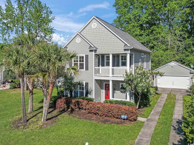 405 Emerson Dr, Myrtle Beach, SC 29579 - view of front of house featuring a detached garage, a front lawn, and a balcony
