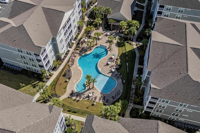 drone / aerial view of a pool area