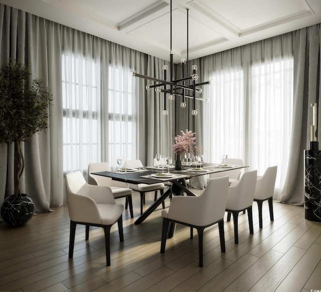 1315 Ashboro Ct, Myrtle Beach, SC 29579 - dining area featuring a healthy amount of sunlight, wood finished floors, an inviting chandelier, and coffered ceiling