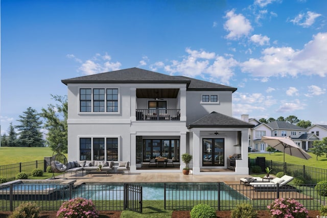 1315 Ashboro Ct, Myrtle Beach, SC 29579 - back of house with a balcony, outdoor lounge area, stucco siding, a patio area, and a fenced backyard