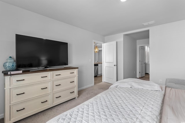 bedroom with baseboards, visible vents, and light colored carpet