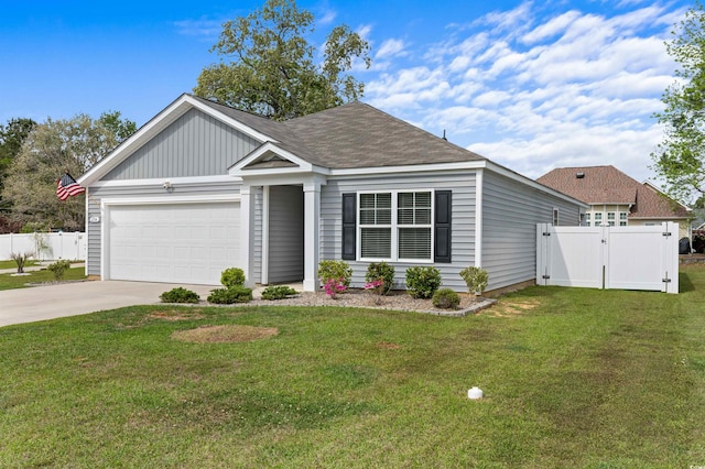 single story home featuring an attached garage, a front lawn, fence, and concrete driveway