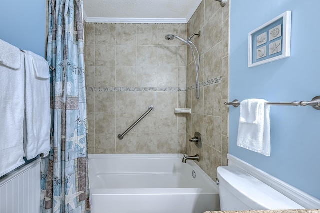 bathroom featuring toilet, a textured ceiling, and shower / bath combination with curtain