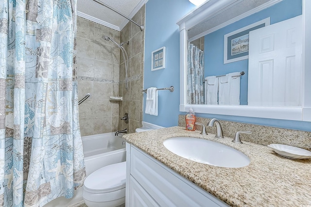 bathroom with toilet, a textured ceiling, vanity, and shower / bath combination with curtain