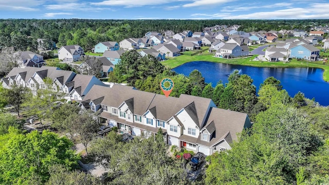 aerial view featuring a water view and a residential view