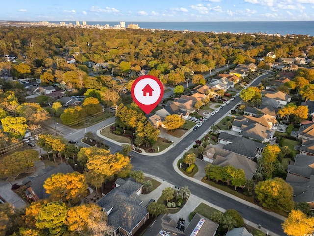 aerial view featuring a water view and a residential view