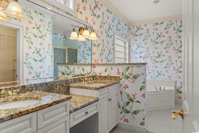808 E Coast Ln, North Myrtle Beach, SC 29582 - full bathroom featuring wallpapered walls, vanity, crown molding, a stall shower, and a bath