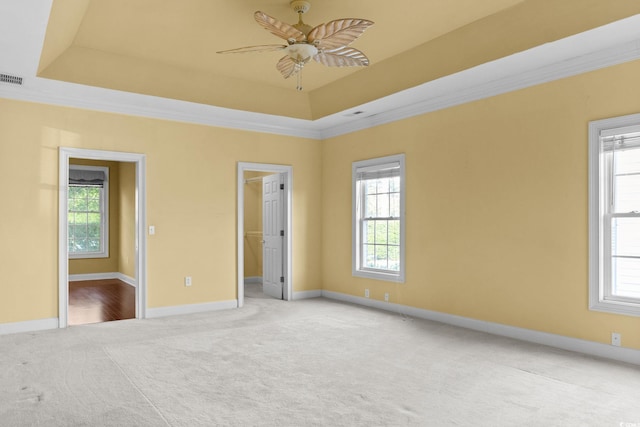 808 E Coast Ln, North Myrtle Beach, SC 29582 - unfurnished bedroom featuring carpet, crown molding, a raised ceiling, a walk in closet, and a ceiling fan