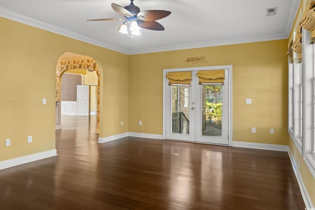 808 E Coast Ln, North Myrtle Beach, SC 29582 - empty room featuring wood finished floors, ceiling fan, ornamental molding, french doors, and arched walkways