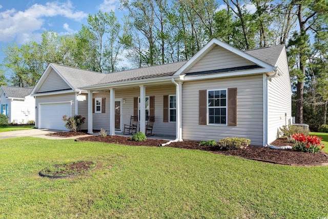180 Oak Crest Cir, Longs, SC 29568 - ranch-style home with covered porch, concrete driveway, a garage, a front yard, and a shingled roof