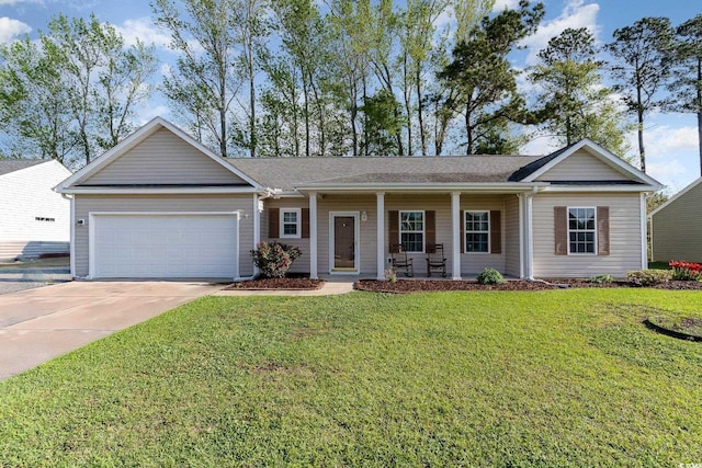 180 Oak Crest Cir, Longs, SC 29568 - single story home with a garage, concrete driveway, covered porch, a front lawn, and roof with shingles