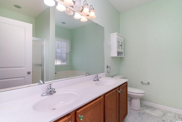 180 Oak Crest Cir, Longs, SC 29568 - full bath featuring toilet, a stall shower, marble look tiles, double vanity, and baseboards