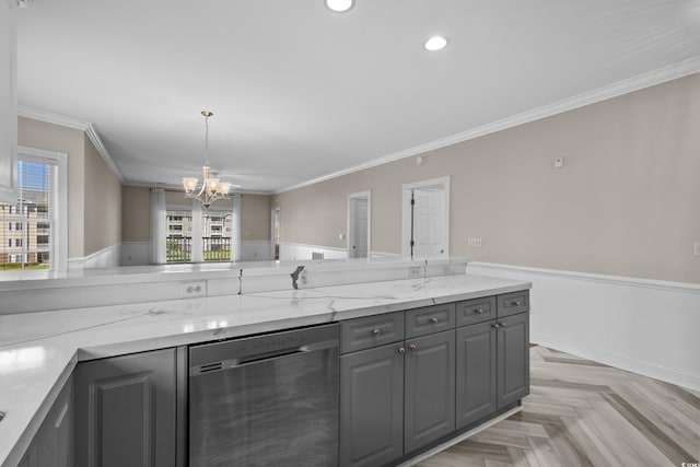 4891 Luster Leaf Cir Unit 301, Myrtle Beach, SC 29577 - kitchen featuring stainless steel dishwasher, gray cabinets, a chandelier, ornamental molding, and wainscoting