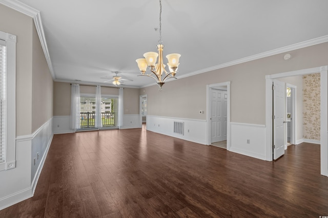 4891 Luster Leaf Cir Unit 301, Myrtle Beach, SC 29577 - unfurnished living room featuring a chandelier, a ceiling fan, wood finished floors, a wainscoted wall, and crown molding