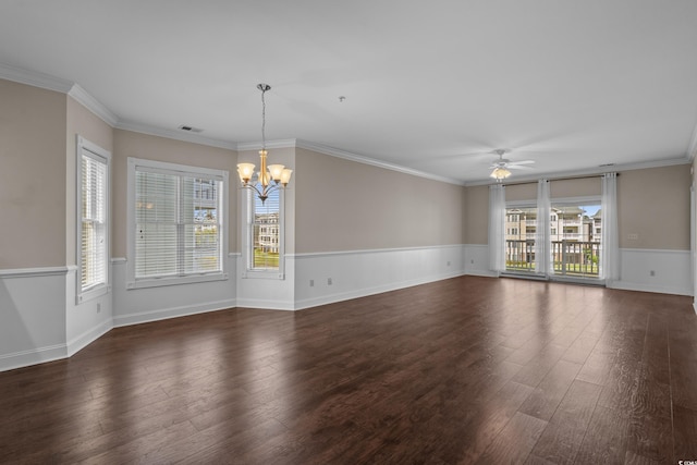 4891 Luster Leaf Cir Unit 301, Myrtle Beach, SC 29577 - spare room featuring a chandelier, healthy amount of natural light, ceiling fan, dark wood-style floors, and wainscoting