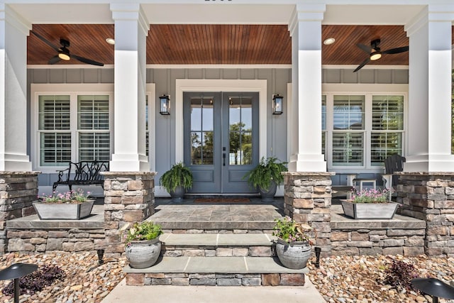 1006 Surf Pointe Dr, North Myrtle Beach, SC 29582 - view of exterior entry with a porch, french doors, and ceiling fan