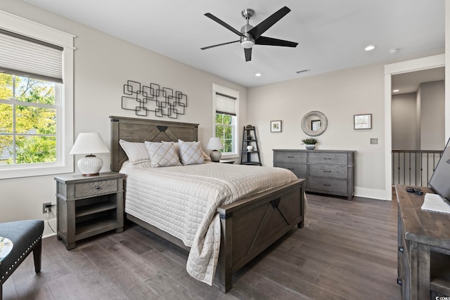 1006 Surf Pointe Dr, North Myrtle Beach, SC 29582 - bedroom with dark wood-style flooring, recessed lighting, baseboards, and a ceiling fan