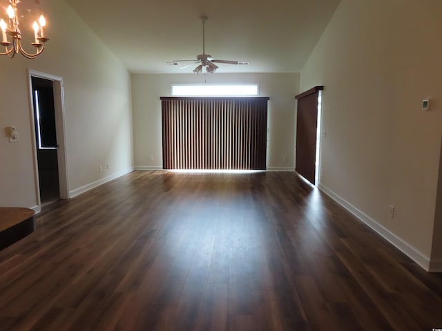 819 Brookline Dr, Myrtle Beach, SC 29579 - unfurnished living room with ceiling fan, a chandelier, and dark wood-style flooring