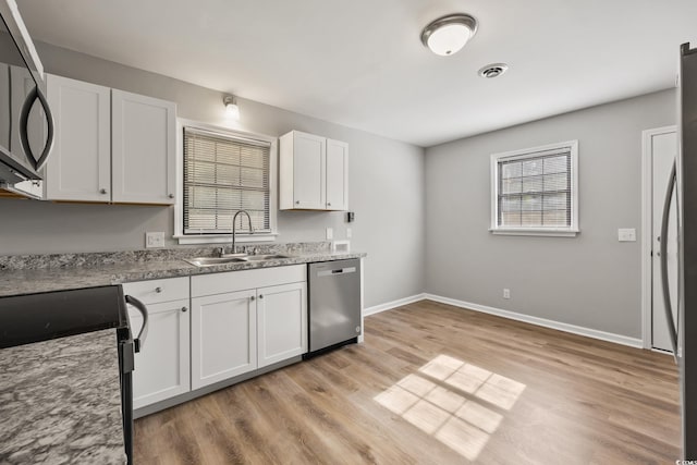 kitchen featuring visible vents, baseboards, white cabinets, a sink, and stainless steel appliances