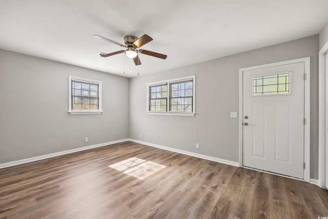 entrance foyer featuring ceiling fan, wood finished floors, plenty of natural light, and baseboards